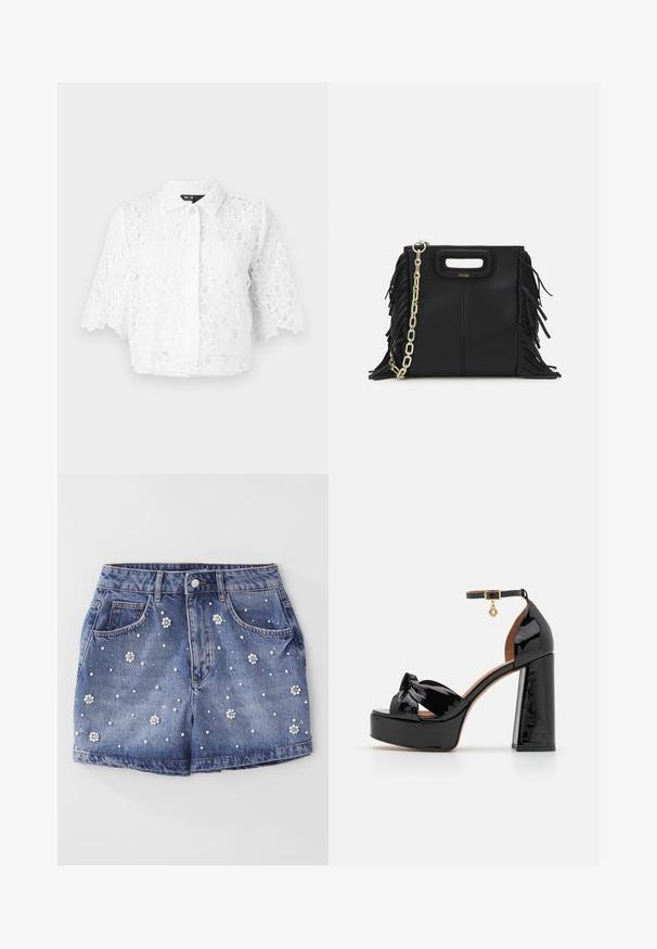 Maje BRIDAL CIBLANCHE - Button-down blouse - blanc; Denim shorts with a light blue hue, featuring decorative pearl and flower embellishments across the fabric and traditional five-pocket design.; Maje High heeled sandals - noir; Black leather handbag with fringe details, gold chain shoulder strap, and a cut-out handle. Features logo placement on the front.