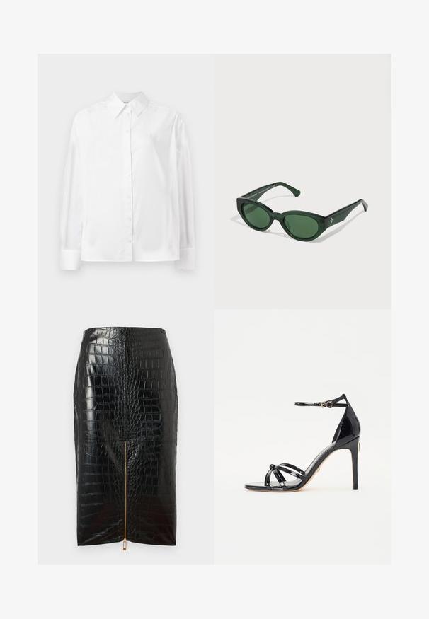 Hvid langærmet skjorte med knapper i en blød bomuldsblanding. Har en klassisk krave, frontlukning med knapper og rundede manchetter.; Sort pencilskørt i faux læder med krokodillestruktur, som har en central guldlynlås og en glat overflade.; Sorte patentlæder høje sandaler med flere stropper, ankelstrop, spidse tå og detaljer i guldtonet hardware.; Grønne solbriller med en blank overflade, rektangulære stel og mørkegrønne linser. Har et subtilt logo på siden af stangen.; Sort læderhåndtaske med et håndtag formet som en guldkat, som har en frontklap, justerbar rem og logo-detalje på den nederste front.