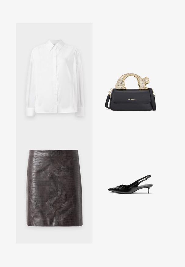 Hvid langærmet skjorte med knapper i en blød bomuldsblanding. Har en klassisk krave, frontlukning med knapper og rundede manchetter.; Krokodillepræget kort skørt i mørkebrun, med en glat tekstur og en tætsiddende silhuet med en let udsving ved kanten.; Sorte læderslippers med spidse tæer, lille kitten hæl og en dekorativ knude detalje foran. Glat tekstur hele vejen rundt.; Sort læderhåndtaske med et håndtag formet som en guldkat, som har en frontklap, justerbar rem og logo-detalje på den nederste front.