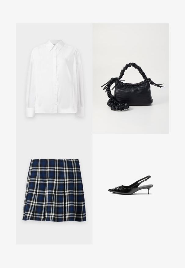 Bílá košile s dlouhým rukávem z hladké bavlněné směsi. Obsahuje klasický límec, přední zapínání na knoflíky a zaoblené manžety.; Kostkovaná mini sukně v námořnické modré, černé a bílé barvě. Má na sobě sklady a hladký povrch. Zapínání na zip po straně.; Černé kožené lodičky na slingback s špičatou špičkou, malým podpatkem typu kitten a ozdobným uzlem na přední straně. Hladký povrch po celém obvodu.; Černá kabelka z umělé kůže s krokodýlím vzorem, staženým vrškem a zmačkaným popruhem. Zdá se, že má měkký a kompaktní design.
