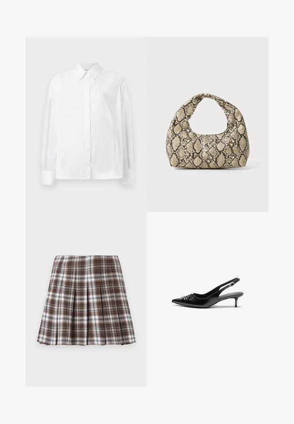Bela srajca z dolgimi rokavi in gumbi, izdelana iz gladkega bombažnega mešanega materiala. Ima klasičen ovratnik, sprednje zapiranje na gumbe in zaokrožene manšete.; Rjava in bež karo plisirana krila s strukturirano zasnovo in ostrimi teksturami, ki vključuje visok pas in več navpičnih gub.; Črne usnjene slingback pete z izostrenim nosom, majhno mačje peto in okrasno vozličasto podrobnostjo na sprednjem delu. Gladka tekstura po celotni površini.; Torba z vzorom kače s ukrivljenim ročajem. Narejena iz teksturiranih, bež in rjavih materialov, ki imajo značilen diamante vzorec.