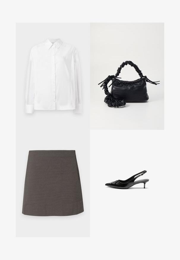 Cămașă albă cu mânecă lungă, cu nasturi, confecționată dintr-un amestec de bumbac fin. Include o guler clasic, închidere frontală cu nasturi și manșete rotunjite.; Fustă mini cu croi drept, cu un mic model în carouri bicolor, negru și gri, fără embellishments vizibile sau buzunare.; Cizme slingback din piele neagră, cu vârf ascuțit, toc mic de tip kitten heel și un detaliu decorativ sub formă de nod în față. Textură netedă pe întreaga suprafață.; Geantă din faux leather neagră cu textură de crocodil, cu partea superioară strânsă și o curea mototolită. Pare moale și compactă ca design.