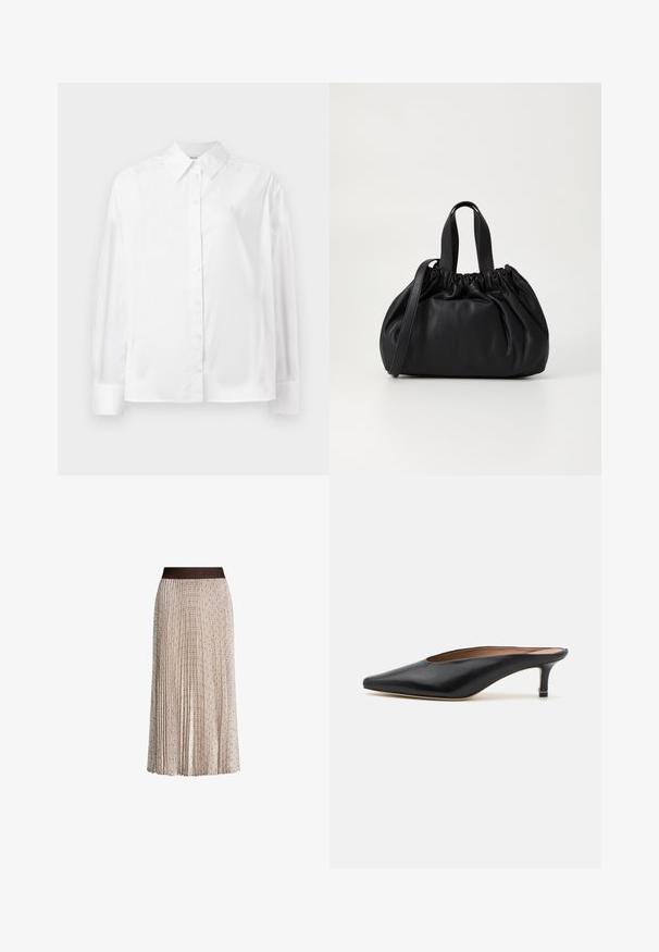 Chemise blanche à manches longues, en mélange de coton lisse. Présente un col classique, une fermeture à boutons sur le devant et des poignets arrondis.; Jupe midi plissée beige avec un subtil motif géométrique et une taille foncée arborant le logo en relief "JOOP!".; Mules en cuir noir avec un bout pointu et un petit talon carré. Texture lisse avec un design épuré. Dos ouvert avec un minimum de détails.; Sac à main en cuir noir avec un design à haut froncé, doté de deux poignées courtes et d'une bandoulière longue et réglable. Texture lisse, forme arrondie.