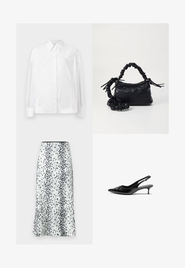 Weißes Langarm-Hemd mit Knopfverschluss aus einer glatten Baumwollmischung. Verfügt über einen klassischen Kragen, eine Frontknopfverschluss und abgerundete Manschetten.; Ein knielanger Rock aus einem weißen Stoff mit einem schwarz-grauen sprenkelten Muster, abgeschlossen mit einem schlichten Bund und einem kleinen Logo.; Schwarze Leder-Slingback-Absätze mit einer spitzen Zehenform, kleinen Kitten-Absätzen und einem dekorativen Knoten-Detail auf der Vorderseite. Glatte Textur über die gesamte Fläche.; Schwarze Handtasche aus Kunstleder mit Krokodilstruktur, gerafftem oberen Teil und einem geschoppten Tragegurt. Sie wirkt weich und kompakt im Design.