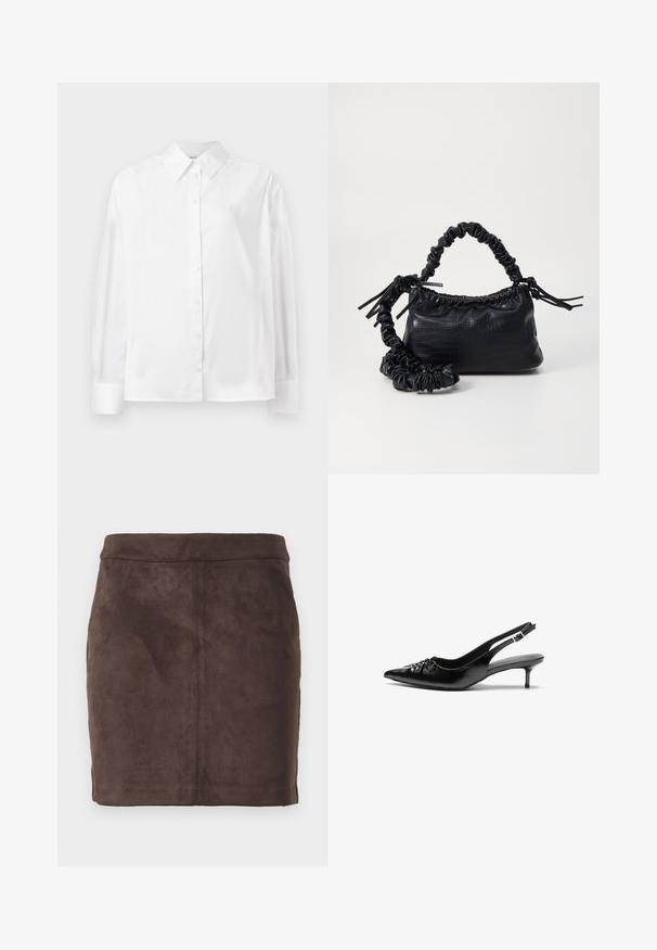 Cămașă albă cu mânecă lungă, cu nasturi, confecționată dintr-un amestec de bumbac fin. Include o guler clasic, închidere frontală cu nasturi și manșete rotunjite.; Fustă mini din suede maro cu o textură netedă, design conic și talie plată, având cusături verticale pentru structură.; Cizme slingback din piele neagră, cu vârf ascuțit, toc mic de tip kitten heel și un detaliu decorativ sub formă de nod în față. Textură netedă pe întreaga suprafață.; Geantă din faux leather neagră cu textură de crocodil, cu partea superioară strânsă și o curea mototolită. Pare moale și compactă ca design.