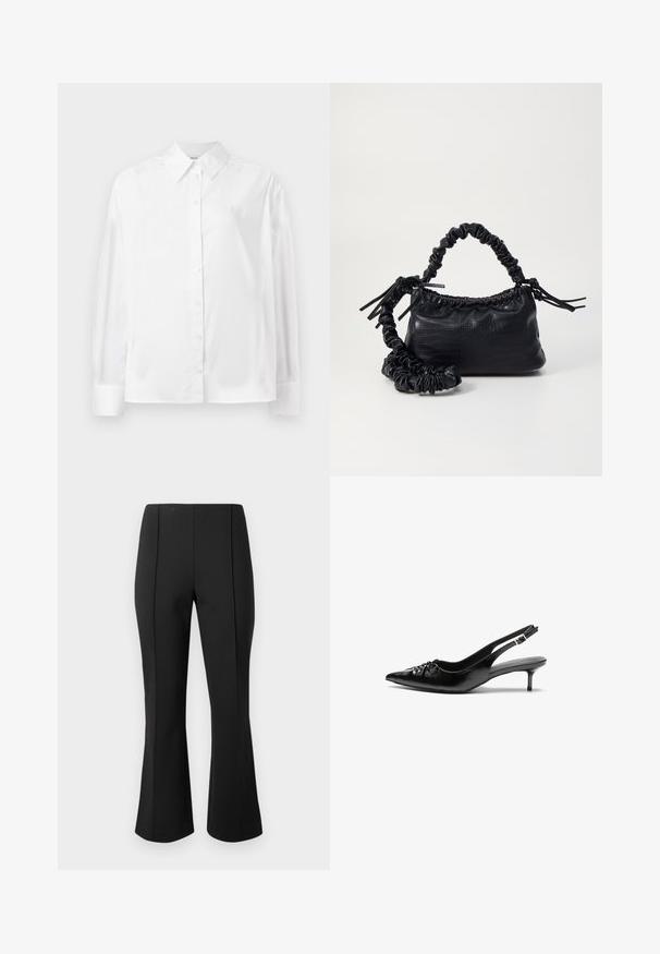 Camisa branca de mangas longas com botões, em um suave misto de algodão. Apresenta um colarinho clássico, fechamento frontal com botões e punhos arredondados.; Calças pretas amplas feitas de tecido elástico, com uma textura suave, duas costuras frontais e um design ajustado sem bolsos.; Sapatos de salto alto slingback em couro preto com bico fino, pequeno salto kitten e um detalhe decorativo em forma de nó na parte da frente. Textura suave em toda a parte.; Bolsa de mão em couro sintético preto com textura de crocodilo, topo franzido e alça enrugada. Apresenta um design suave e compacto.