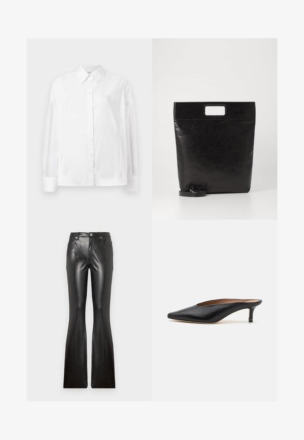 White long-sleeve button-up shirt in a smooth cotton blend. Features a classic collar, front button closure, and rounded cuffs.; Black leather flared pants featuring a smooth texture, five pockets, front button closure, and a fitted silhouette through the thighs.; Black leather mules with a pointed toe and low, block heel. Smooth texture with a sleek design. Open back with minimal detailing.; Black leather tote bag with a square handle, featuring a textured finish and embossed logo. Includes a detachable strap.