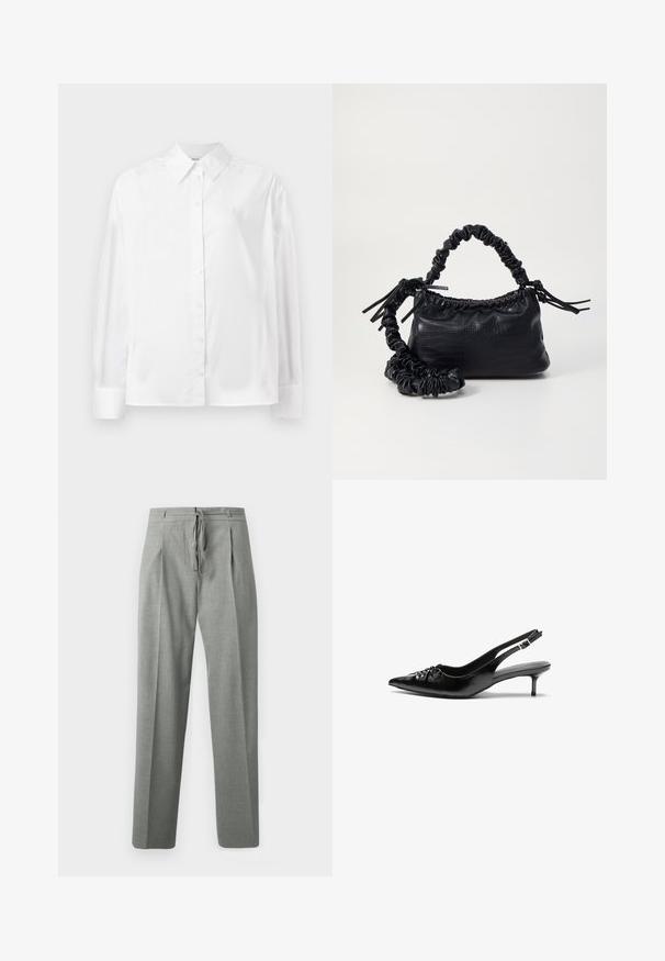 Hvid langærmet skjorte med knapper i en blød bomuldsblanding. Har en klassisk krave, frontlukning med knapper og rundede manchetter.; Grå skræddersyede bukser med preskamme, sidelommer, bæltestropper og en frontlukning med snøre, vist mod en hvid baggrund.; Sorte læder slingback-pumps med spids tå, lav kitten-hæl og rynket detalje på overdelen. Glat tekstur og minimalistisk design.; Sort kunstlæder håndtaske med krokodilteksur, indsnøret top og en sammenkrøben rem. Ser blød og kompakt ud i designet.