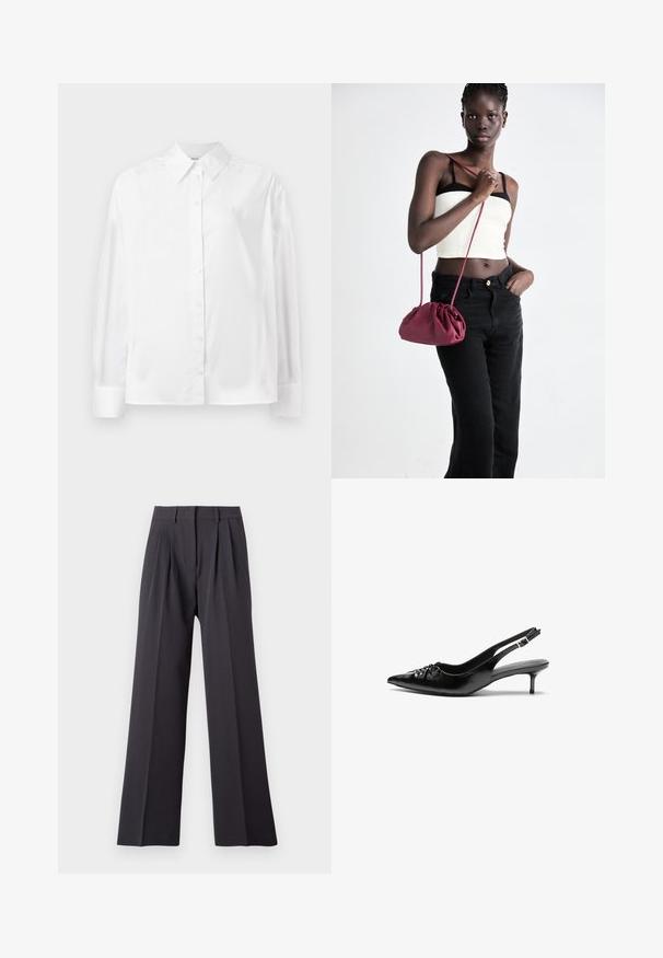 Hvid langærmet skjorte med knapper i en blød bomuldsblanding. Har en klassisk krave, frontlukning med knapper og rundede manchetter.; Bredde benbukser i mørkegrå stof. Har fold ved taljen, en tætsiddende talje og en glat tekstur. Ingen synlige mønstre eller hardware.; Sorte læderslippers med spidse tæer, lille kitten hæl og en dekorativ knude detalje foran. Glat tekstur hele vejen rundt.; Bordeaux blødt stof håndtaske med en sammenpresset design og en lang rem, båret som crossbody. Modellen bærer en hvid cropped top og sorte jeans.