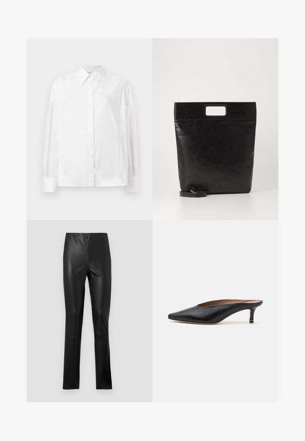 White long-sleeve button-up shirt in a smooth cotton blend. Features a classic collar, front button closure, and rounded cuffs.; Black faux leather pants with a slim fit, smooth texture, mid-rise waist, and straight legs. No visible hardware or patterns.; Black leather mules with a pointed toe and low, block heel. Smooth texture with a sleek design. Open back with minimal detailing.; Black leather tote bag with a square handle, featuring a textured finish and embossed logo. Includes a detachable strap.