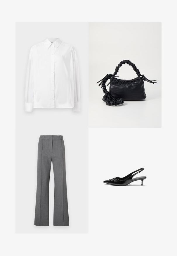 Bjela košulja dugih rukava s dugmadi, napravljena od glatke mješavine pamuka. Ima klasični ovratnik, prednje zatvaranje na dugmad te zakrivene manžete.; Sive prugaste hlače s flared krojem, ravnim prednjim dijelom, petljama za remen i glatkom teksturom. Cjeloviti dizajn s suptilnim detaljima uzorka.; Crne kožne sandale na petu s ikkrenim nosom, malom kitten petom i dekorativnom mašnom sprijeda. Glatka tekstura svuda.; Crna torba od umjetne kože s teksturom krokodila, s cinčanim vrhom i naboranom trakom. Izgleda mekano i kompaktno u dizajnu.