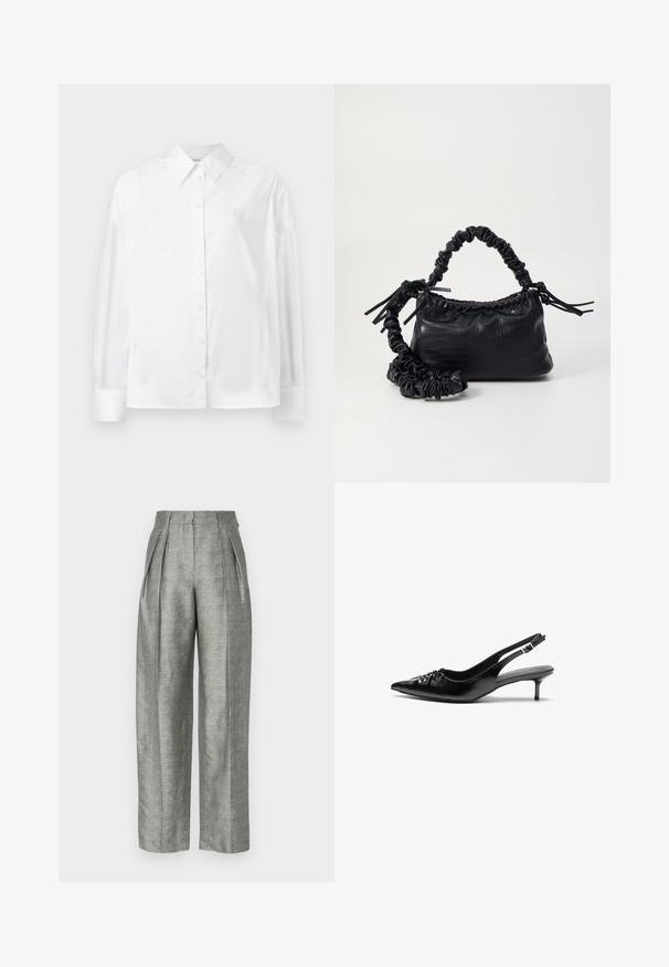 Vit långärmad knapp-up skjorta i en mjuk bomullsblandning. Utrustad med klassisk krage, frontknäppning och rundade manschetter.; Grå höga byxor med veck, tillverkade av ett strukturerat tyg med ett diskret rutmönster. Bred ben-design med sidfickor.; Svart läderslingback med spetsig tå, låg klack i kattunge-stil och veckdetalj på framdelen. Slät textur och minimalistisk design.; Svart faux läderhandväska med krokodiltextur, snodd topp och en skrämd rem. Ser mjuk och kompakt ut i designen.