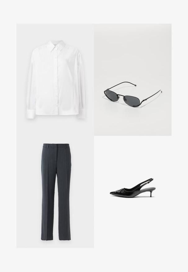 Camisa blanca de manga larga con botones, hecha de una suave mezcla de algodón. Cuenta con un cuello clásico, cierre frontal con botones y puños redondeados.; Pantalones de traje rectos de color gris oscuro con rayas, con trabillas y cierre de cremallera frontal sobre un fondo blanco.; Tacones slingback de cuero negro con punta afilada, pequeño tacón kitten y un detalle de nudo decorativo en la parte frontal. Textura suave en toda la superficie.; Gafas de sol negras con lentes ovalados estrechos, montura de metal delgada y almohadillas nasales ajustables. Presentan un diseño elegante y minimalista.; Bolso de cuero blanco con forma curva, que presenta un logo triangular plateado y cierre de cremallera. Textura lisa y dos asas.