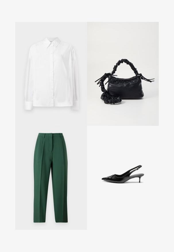 Cămașă albă cu mânecă lungă, cu nasturi, confecționată dintr-un amestec de bumbac fin. Include o guler clasic, închidere frontală cu nasturi și manșete rotunjite.; Pantaloni verzi cu un design croit, având o față plată, picioare drepte și o textură netedă. Fără buzunare vizibile sau embellishments.; Cizme slingback din piele neagră, cu vârf ascuțit, toc mic de tip kitten heel și un detaliu decorativ sub formă de nod în față. Textură netedă pe întreaga suprafață.; Geantă din faux leather neagră cu textură de crocodil, cu partea superioară strânsă și o curea mototolită. Pare moale și compactă ca design.