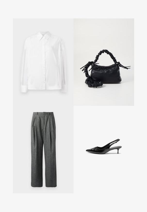 White long-sleeve button-up shirt in a smooth cotton blend. Features a classic collar, front button closure, and rounded cuffs.; DRYKORN INK - Trousers - grey; Black leather slingback heels with a pointed toe, small kitten heel, and a decorative knot detail on the front. Smooth texture throughout.; Black faux leather handbag with a crocodile texture, cinched top, and a scrunched strap. Appears soft and compact in design.