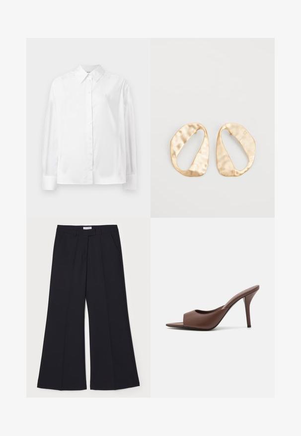 Hvid langærmet skjorte med knapper i en blød bomuldsblanding. Har en klassisk krave, frontlukning med knapper og rundede manchetter.; Sorte vide bukser lavet af glat stof, med sidelommer, en forkant, og et klassisk taljebånd for et skræddersyet look.; Brune læder open-toe højhælede mules med et slankt design, der har en bred frontrem og en slank stiletto-hæl.; Et par uregelmæssige ovalformede øreringe i guldtonet metal med en tekstureret, let hamret overflade på en hvid baggrund.