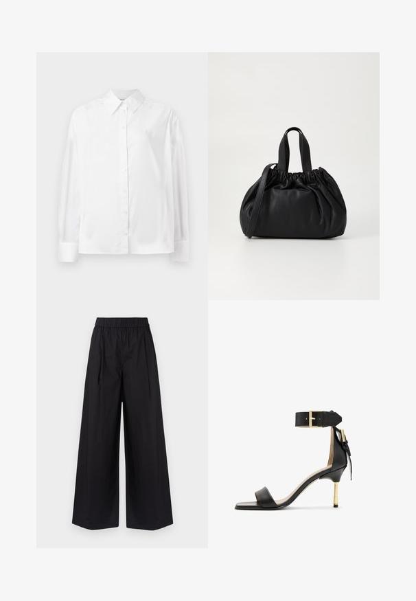 Chemise blanche à manches longues, en mélange de coton lisse. Présente un col classique, une fermeture à boutons sur le devant et des poignets arrondis.; Pantalon large noir en tissu lisse, avec une taille élastique et sans poches visibles ni détails en métal.; Sandale à talon en cuir noir avec un bout carré, une bride de cheville dotée d'une boucle en or et un talon métallique fin. Texture lisse, design minimaliste.; Sac à main en cuir noir avec un design à haut froncé, doté de deux poignées courtes et d'une bandoulière longue et réglable. Texture lisse, forme arrondie.