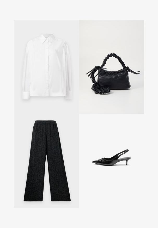 Cămașă albă cu mânecă lungă, cu nasturi, confecționată dintr-un amestec de bumbac fin. Include o guler clasic, închidere frontală cu nasturi și manșete rotunjite.; Pantaloni negri cu croiala ampla, prevazuti cu un brâu elastic, avand un model floral subtil conturat intr-o nuanta mai inchisa. Textura materialului este neteda.; Cizme slingback din piele neagră, cu vârf ascuțit, toc mic de tip kitten heel și un detaliu decorativ sub formă de nod în față. Textură netedă pe întreaga suprafață.; Geantă din faux leather neagră cu textură de crocodil, cu partea superioară strânsă și o curea mototolită. Pare moale și compactă ca design.