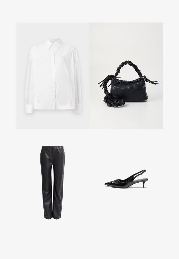 Bjela košulja dugih rukava s dugmadi, napravljena od glatke mješavine pamuka. Ima klasični ovratnik, prednje zatvaranje na dugmad te zakrivene manžete.; Crne kožne hlače ravnog kroja s prednjim dzepovima i glatkom, sjajnom teksturom. Opremljene gumbom i zatvaračem.; Crne kožne sandale na petu s ikkrenim nosom, malom kitten petom i dekorativnom mašnom sprijeda. Glatka tekstura svuda.; Crna torba od umjetne kože s teksturom krokodila, s cinčanim vrhom i naboranom trakom. Izgleda mekano i kompaktno u dizajnu.