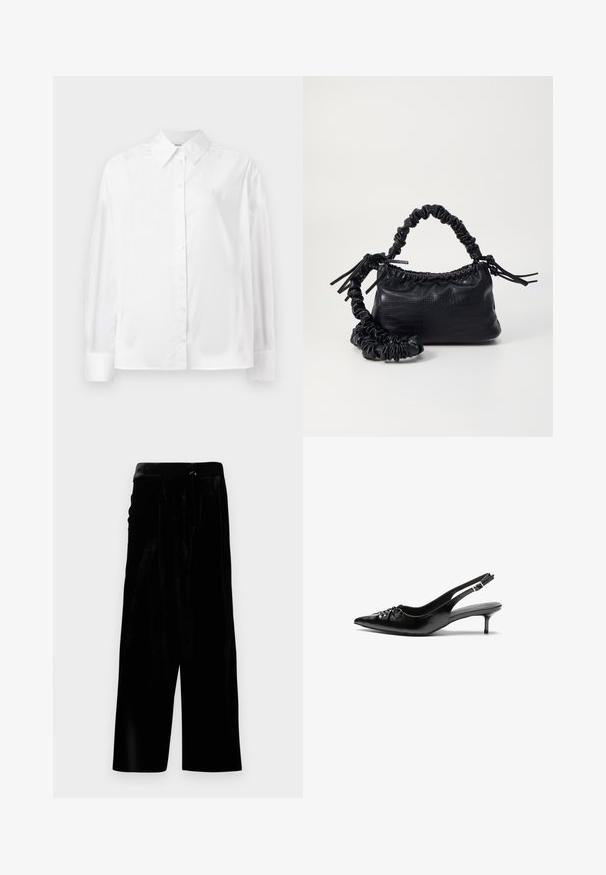 White long-sleeve button-up shirt in a smooth cotton blend. Features a classic collar, front button closure, and rounded cuffs.; Black velvet wide-leg pants with a high waist and a side zipper closure, shown against a white background.; Black leather slingback heels with a pointed toe, small kitten heel, and a decorative knot detail on the front. Smooth texture throughout.; Black faux leather handbag with a crocodile texture, cinched top, and a scrunched strap. Appears soft and compact in design.