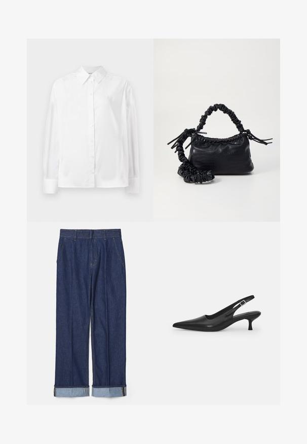 Hvid langærmet skjorte med knapper i en blød bomuldsblanding. Har en klassisk krave, frontlukning med knapper og rundede manchetter.; Mørkeblå denimbukser med lige ben, der har fem lommer og opkrøllede ærmer med lyseblå kontrastsyning.; Sort læder slingback-sko med spids tå og en slank, buet hæl. Har en diskret justerbar rem med en metalspænde.; Sort kunstlæder håndtaske med krokodilteksur, indsnøret top og en sammenkrøben rem. Ser blød og kompakt ud i designet.
