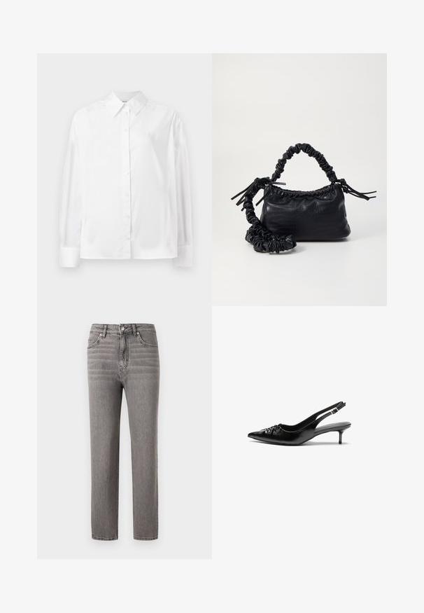 Biela košeľa s dlhým rukávom vyrobená z hladkej bavlnenej zmesi. Má klasický golier, predné zapínanie na gombíky a zaoblené manžety.; Šedé džínsy z denimu s rovnou siluetou, stredne vysokým pásom, piatimi vreckami a jemnými vertikálnymi švami. Hladká textúra a nízka hmotnosť.; Čierne kožené slingback podpätky s ostrou špičkou, malým podpatkom a dekoratívnym uzlom vpredu. Hladký povrch po celom obvode.; Čierna umelá kožená kabelka s kroko vzorom, sťahovaným vrchom a zhnutým popruhom. Vyzerá mäkko a kompaktné v dizajne.