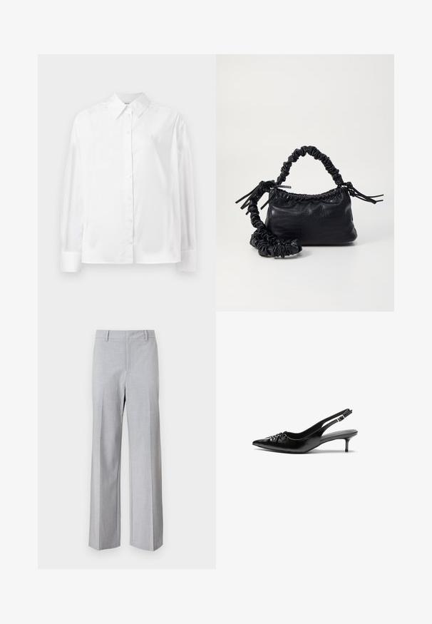 Balta, garām piedurknēm, ar pogām aizpogājama krekla no gludas kokvilnas šķiedras. Tam ir klasiskā apkakle, priekšējā aizpogājamā daļa un noapaļotas aproces.; Gai pelēki bikses ar pielāgotu dizainu, platu kāju formu, gludu tekstūru un priekšējām locījumiem. Nav redzamu kabatu vai aparatūras detaļu.; Melni ādas sandales ar norādītu pirkstu, mazu kaķa papēdi un dekoratīvu mezglu detaļu priekšā. Gluda tekstūra visā virsmā.; Melnā mākslīgās ādas rokassoma ar krokodila rakstu, savilkta augšdaļa un saburzīta siksna. Izskatās mīksta un kompakta pēc dizaina.