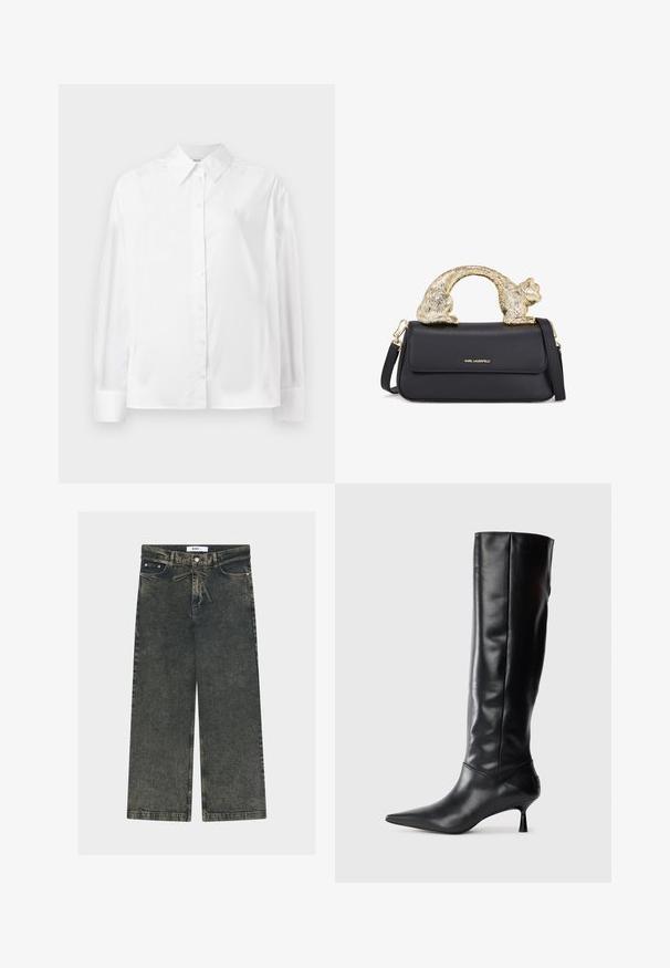 Weißes Langarm-Hemd mit Knopfverschluss aus einer glatten Baumwollmischung. Verfügt über einen klassischen Kragen, eine Frontknopfverschluss und abgerundete Manschetten.; Weit geschnittene Jeans aus dunkelgrauem Denim mit strukturierter Oberfläche, ausgestattet mit einem Knopfverschluss, Gürtelschlaufen und Fronttaschen.; Schwarze Lederstiefel bis zum Knie mit spitzem Zehenbereich und schmalem, geschwungenem Absatz. Glatte Textur, enganliegendes Design und keine sichtbaren Beschläge oder Muster.; Schwarze Ledertasche mit einem goldenen katzenförmigen Griff, ausgestattet mit einem vorderen Klappenverschluss, einem verstellbaren Trageriemen und einem Logodetail auf der unteren Vorderseite.
