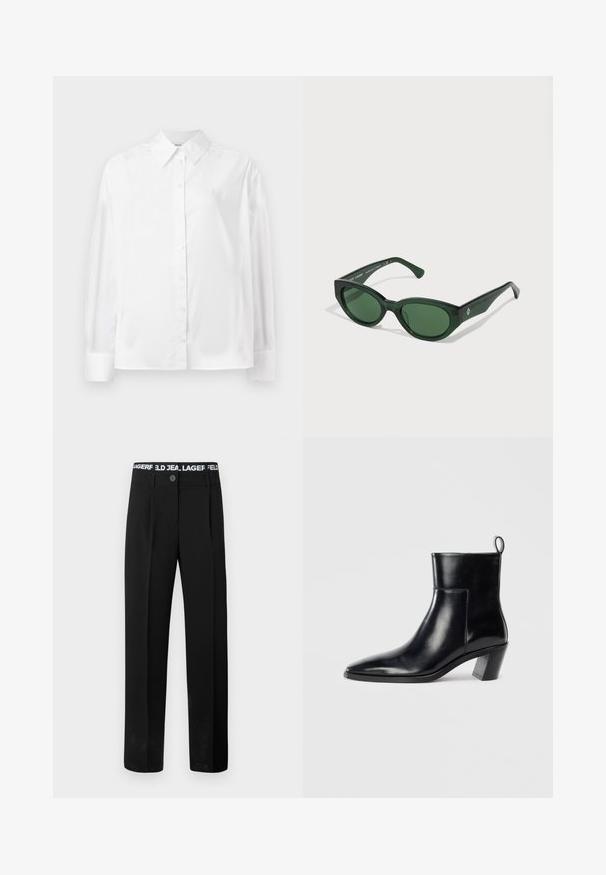 Bílá košile s dlouhým rukávem z hladké bavlněné směsi. Obsahuje klasický límec, přední zapínání na knoflíky a zaoblené manžety.; Černé kalhoty vyrobené z bavlněné směsi. Mají bílý branding na pase, zapínání na knoflík a rovný střih s bočními kapsami.; Černá kožená kotníková bota s špičatou špičkou, geometrickou tvarovanou podpatkem a poutkem na zadní straně. Hladká textura a elegantní design.; Zelené sluneční brýle s lesklým povrchem, obdélníkové rámy a tmavozelené čočky. Na straně ramínka mají jemné logo.; Černá kožená kabelka se zlatým držadlem ve tvaru kočky, s předním klopovým uzávěrem, nastavitelným popruhem a detailem loga na dolní přední straně.