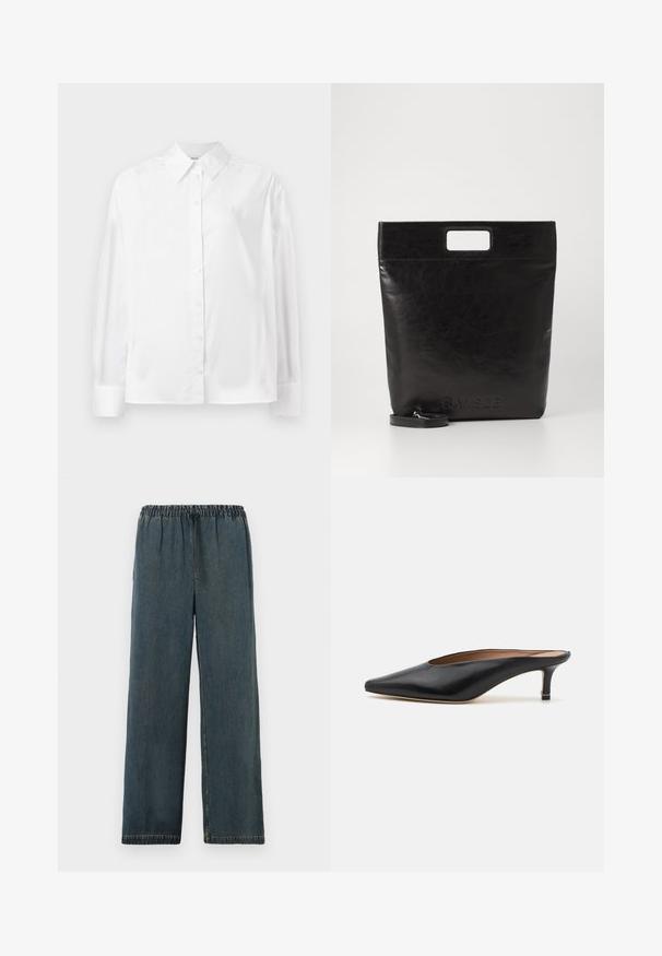 White long-sleeve button-up shirt in a smooth cotton blend. Features a classic collar, front button closure, and rounded cuffs.; Dark blue denim trousers with an elastic waistband and drawstring. Wide leg design with finished hems and a smooth, textured surface.; Black leather mules with a pointed toe and low, block heel. Smooth texture with a sleek design. Open back with minimal detailing.; Black leather tote bag with a square handle, featuring a textured finish and embossed logo. Includes a detachable strap.