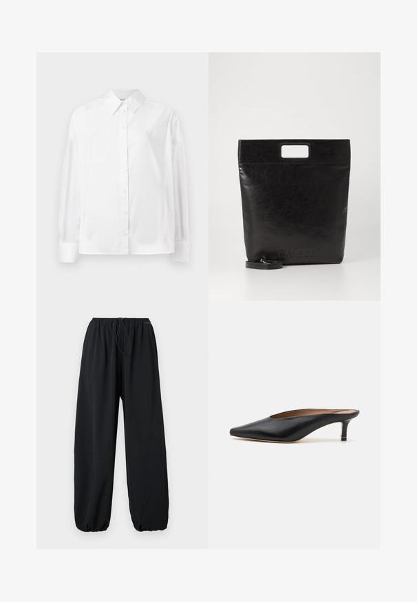 Witte langemouwige button-up shirt in een gladde katoenmix. Voorzien van een klassieke kraag, een knoopsluiting aan de voorkant en afgeronde manchetten.; Zwarte wijde broek gemaakt van lichtgewicht stof. Ze hebben een elastische tailleband met trekkoord en verstelbare manchetten aan de onderkant.; Zwarte leren muiltjes met een puntige neus en een lage, blokhak. Glad oppervlak met een gestroomlijnd ontwerp. Open achterkant met minimale details.; Zwarte leren draagtas met een vierkant handvat, met een gestructureerde afwerking en een reliëflogo. Inclusief een afneembare schouderband.