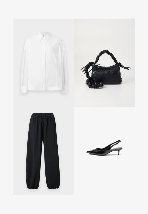 Valge pikka varrukat nuppude jaotuse särk, mis on valmistatud siledast puuvillasegust. Omab klassikalist krae, ees nuppude sulgemist ja ümarate mansettidega.; Mustad laiad püksid, mis on valmistatud kerge materjali. Neil on elastne vöökoht, millel on kinnitusnöör, ning reguleeritavad mansetid allääres.; Mustad nahast rihmikud terava nina, madala kassisaba kand ja volditud detailiga eespool. Siledat tekstuuri ja minimalistlikku disaini.; Must must sünteetilisest nahast käekott, millel on krokodillimuster, kokku tõmmatav ülaosa ja kortsus rihm. Tundub pehme ja kompaktne disain.