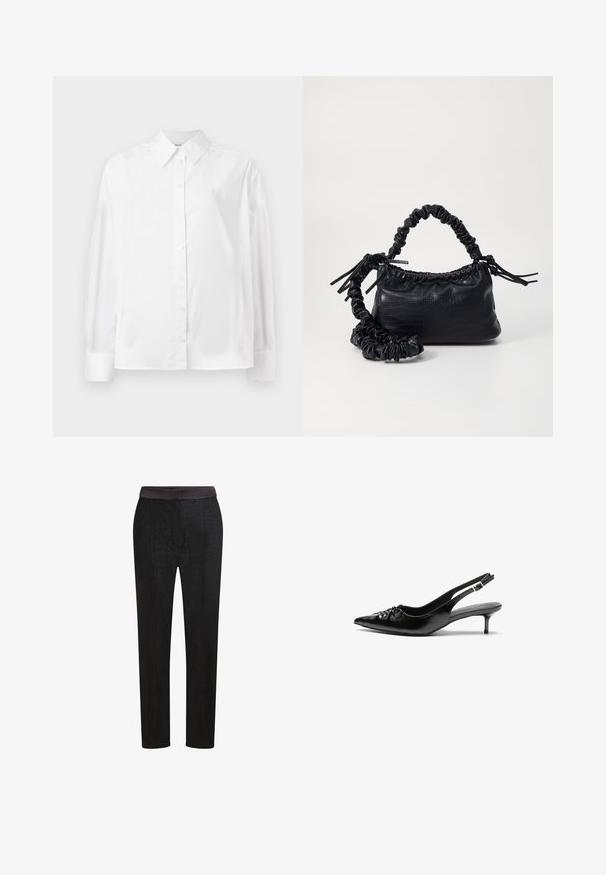 Baltas ilgas rankovėmis marškiniai su mygtukais, pagaminti iš lygaus medvilnės mišinio. Yra klasikinė apykaklė, priekinis mygtukų uždarymas ir apvalios rankogaliai.; Juodos pritaikytos kelnės su lygiu juosmens diržu, tiesaus kirpimo ir subtilaus tekstūros rašto. Tinka tiek formalai, tiek kasdienei aprangai.; Juodi odiniai aukštakulniai su dirželiais, smailia nosimi, žemu katinėlio kulniuku ir susitraukiančia detale ant bato viršaus. Lygi tekstūra ir minimalistinis dizainas.; Juodas dirbtinės odos rankinė su krokodilo tekstūra, sušnibždinta viršuje ir susikraipytu dirželiu. Atrodo minkšta ir kompaktiška.