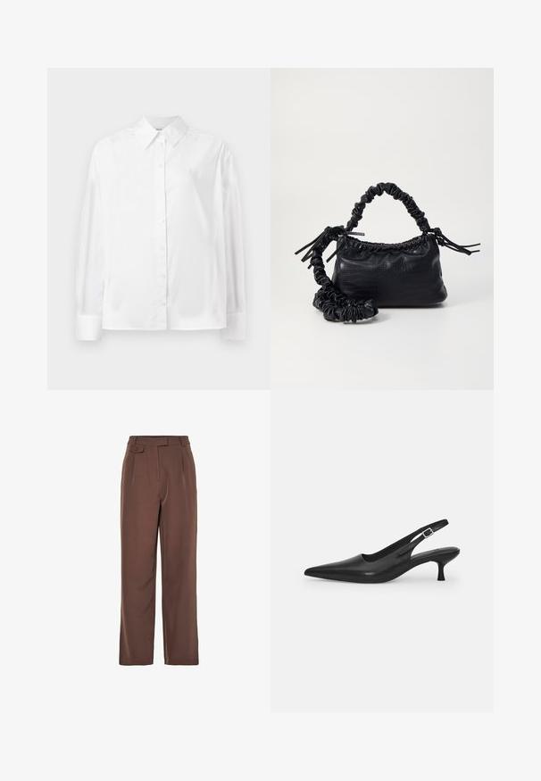 White long-sleeve button-up shirt in a smooth cotton blend. Features a classic collar, front button closure, and rounded cuffs.; Brown woven wide-leg trousers with a high waistband, front pleats, and a button detail. Smooth texture with a tailored design.; Black leather slingback shoe with a pointed toe and a slim, curved heel. Features a discrete adjustable strap with a metal buckle.; Black faux leather handbag with a crocodile texture, cinched top, and a scrunched strap. Appears soft and compact in design.