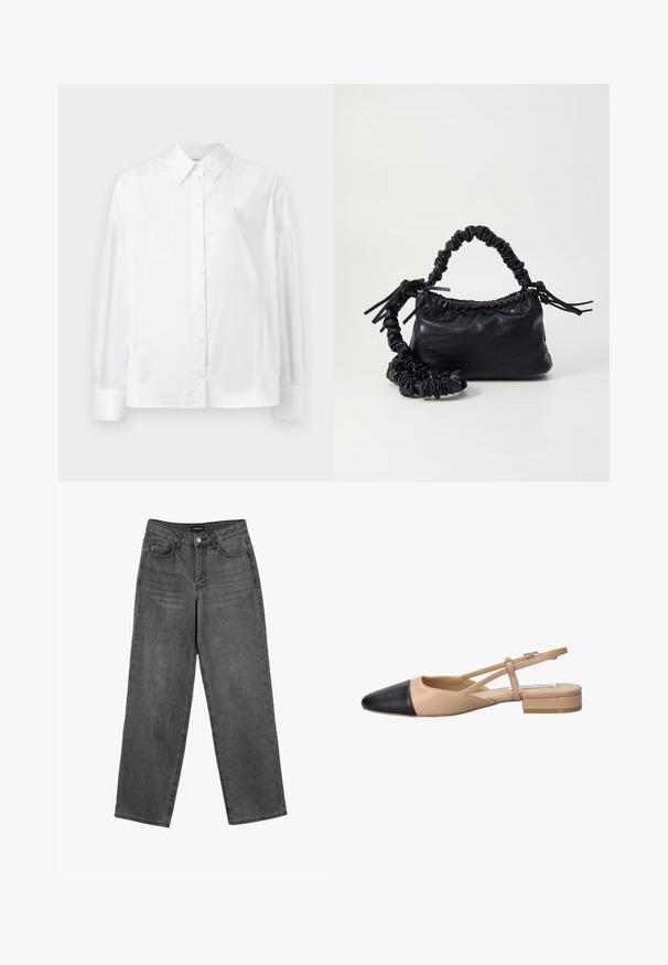 Vit långärmad knapp-up skjorta i en mjuk bomullsblandning. Utrustad med klassisk krage, frontknäppning och rundade manschetter.; Svarta högmidjade raka jeans med framknapp och fickor, visade på en vit bakgrund.; Beige och svart tvåtonad slingback-sko med spetsig tå, platt klack och korsade remmar. Slät läderstruktur.; Svart faux läderhandväska med krokodiltextur, snodd topp och en skrämd rem. Ser mjuk och kompakt ut i designen.