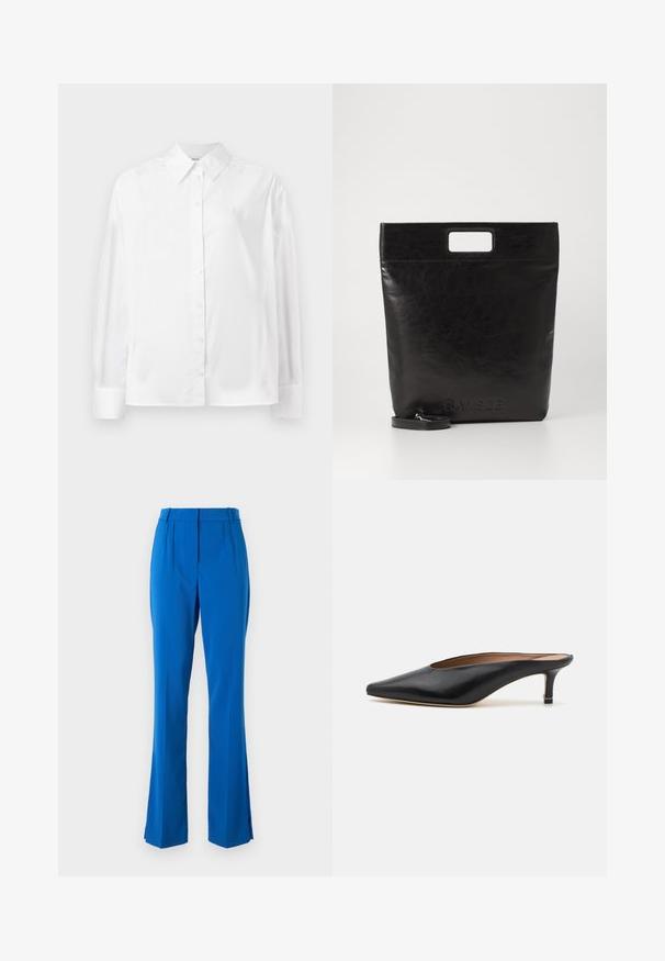 Bílá košile s dlouhým rukávem z hladké bavlněné směsi. Obsahuje klasický límec, přední zapínání na knoflíky a zaoblené manžety.; Modré kalhoty na míru se zvýšeným pasem, sklady na přední straně a rozšířenými nohavicemi se bočními rozparky, vyrobené z hladkého, lehkého materiálu.; Černé kožené muly s špičatou špičkou a nízkým blokovým podpatkem. Hladká textura s elegantním designem. Otevřená zadní část s minimálními detaily.; Černá kožená taška přes rameno se čtvercovou rukojetí, s texturovaným povrchem a embosovaným logem. Obsahuje odnímatelný popruh.
