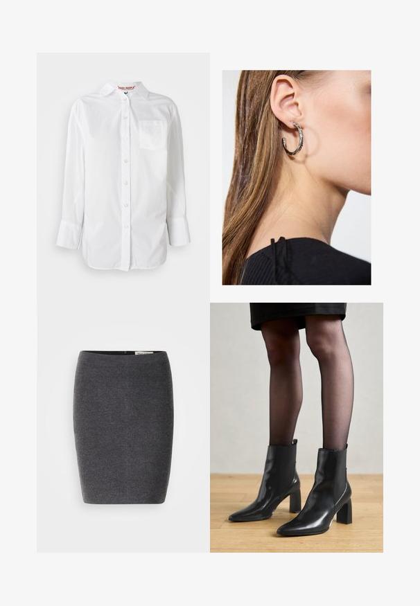 Biela košeľa s dlhým rukávom, s gombíkmi a golierom, s náprsnom vreckom, vystavená na jednofarebnom pozadí.; Šedá vlněná tužková sukňa s hladkou textúrou a priliehavým strihom, ktorá má diskrétny pás a žiadne viditeľné ozdoby.; Čierne kožené členkové topánky s špicatou špičkou, robustný štvorcový opätok a elegantný dizajn. Obsahujú elastické bočné panely pre jednoduché obúvanie.; Strieborná kruhová náušnica s lesklým povrchom, obsahujúca malé zlaté akcenty a okrúhly tvar, nosená na lalôčiku ucha.