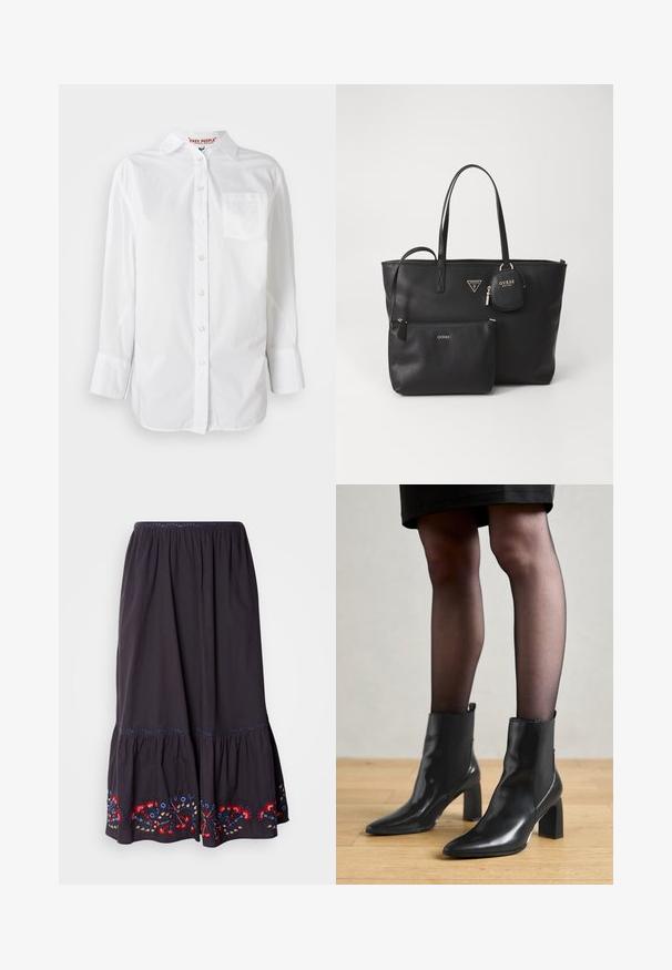 Hvid langærmet skjorte med knapper og krave samt brystlomme, Præsenteret mod en ensfarvet baggrund.; Mørkegrå bomuldsnederdel med lagdelt design og broderede blomsteraccenter i rødt, blåt og gult ved kanten. Elastisk talje.; Sorte læderankelstøvler med spids tå, kraftig firkantet hæl og slankt design. Har elastiske sidepaneler for nem påtagning.; Sort faux læder tote taske med to stropper, en frontlomme med lynlås og en aftagelig pung. Guldhardware-accenter fremhæver mærkelogoet.; Sølv hoop ørestik med en poleret overflade, prydet med små guld accenter og en rund form, båret på øreflippen.