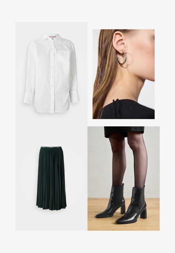 Chemise blanche à manches longues avec col et poche poitrine, présentée sur un fond uni.; Jupe longue plissée de couleur vert foncé avec une large ceinture arborant le nom de la marque "LACOSTE" en lettres vertes contrastantes.; Bottines en cuir noir avec un bout pointu, un talon carré épais et un design élégant. Présente des panneaux latéraux élastiques pour un enfilage facile.; Boucle d'oreille en argent avec une finition polie, présentant de petits détails en or et de forme ronde, portée sur le lobe.