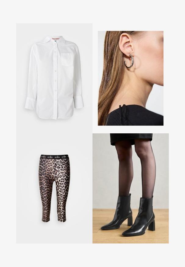 Bílá košile s dlouhým rukávem, zapínací knoflíky, límec a kapsa na hrudi, vystavená na jednoduše pozadí.; Kraťasy s legínovým střihem vyrobené z elastického materiálu, pokryté černozlatým leopardím vzorem a s černým elastickým pasem.; Černé kožené kotníkové boty s špičatou špičkou, robustním čtvercovým podpatkem a elegantním designem. Obsahují elastické boční panely pro snadné obouvání.; Stříbrný kruhový náušník s lesklým povrchem, zdobený malými zlatými akcenty, v kulatém tvaru, nošený na lalůčku.