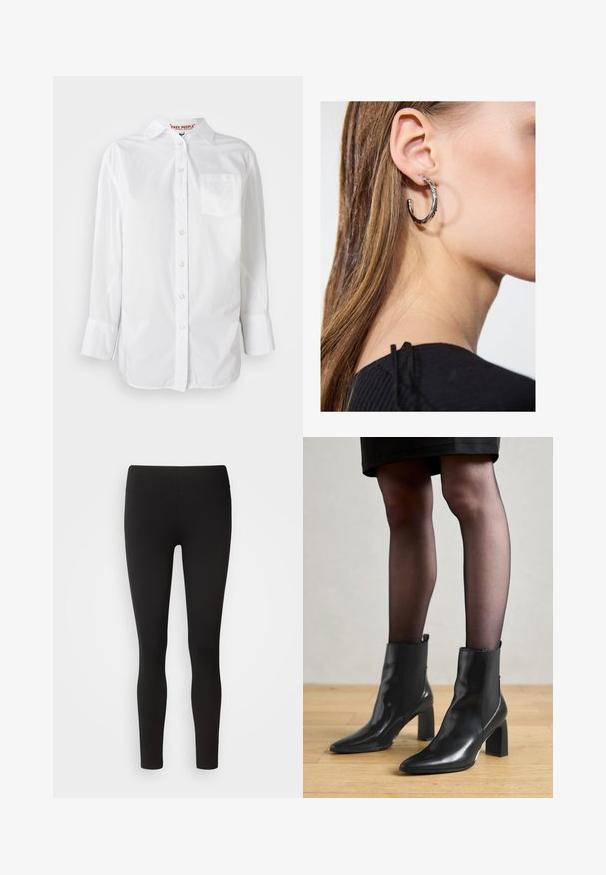 Biała koszula z długim rękawem, zapinana na guziki, z kołnierzykiem i kieszonką na piersi, wyeksponowana na jednolitym tle.; Czarne legginsy wykonane z elastycznej tkaniny, z bezszwowym pasem, dopasowanym krojem i gładką fakturą, odpowiednie do różnych aktywności.; Czarne skórzane botki za kostkę z ostro zakończonym noskiem, masywnym kwadratowym obcasem i eleganckim designem. Posiadają elastyczne boczne panele dla łatwego zakładania.; Srebrny kolczyk w kształcie koła z polerowanym wykończeniem, z małymi złotymi akcentami, noszony na płatku ucha.