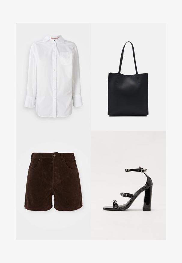Λευκό μακρύ μανίκι πουκάμισο με κουμπιά, κολάρο και τσέπη στο στήθος, απεικονιζόμενο σε απλό φόντο.; Καφέ σουέτ σορτς με ψηλή μέση, κλείσιμο με κουμπί και τέσσερις τσέπες. Λείο υλικό και ίσια γραμμή με καθαρές γραμμές.; Μαύρες πατέντες σανδάλια με τακούνι, τετράγωνη μύτη, ιμάντες αστραγάλου και ασημένιες πόρπες. Διαθέτουν χοντρό μπλοκ τακούνι για σταθερότητα.; Μαύρη δερμάτινη τσάντα tote με λείο υφή, ορθογώνιο σχήμα και δύο μακριές λαβές. Χωρίς ορατό υλικό ή διακοσμητικά στοιχεία.