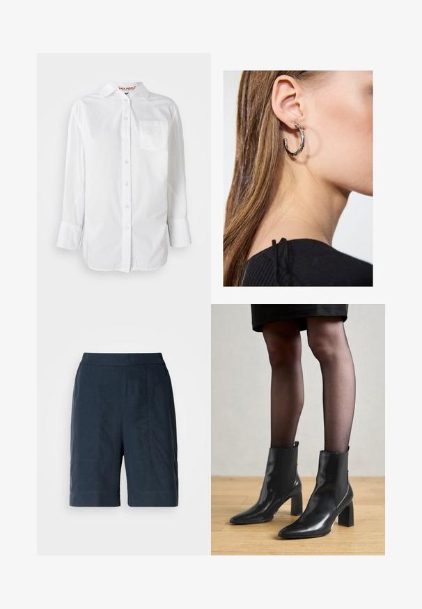 Valge pikkade varrukatega nööpidega särk krae ja rinna taskuga, esitlemine ühetoonilise tausta taustal.; Tumedavad lühikesed püksid kergest kangast, sirge lõikega, kahe esiosa taskuga ja peente õmbluse detailidega.; Mustad mustad jalanõud terava ninaga, paksu ruudukujulise kontsaga ja saleda disainiga. Omavad elastseid külgpaneele mugavaks selga tõmbamiseks.; Hõbedane rõngas kõrvarõngas poleeritud viimistlusega, millel on väikesed kuldsed aktsendid ja ümmargune kuju, kantud lobus.