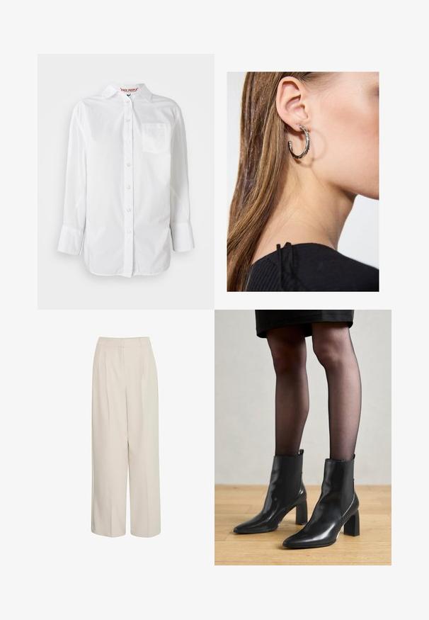 Biela košeľa s dlhým rukávom, s gombíkmi a golierom, s náprsnom vreckom, vystavená na jednofarebnom pozadí.; Krémové nohavice s vysokým pásom a širokými nohami, so záhybmi, vyrobené z hladkej látky, s čistým dizajnom a prispôsobeným strihom.; Čierne kožené členkové topánky s špicatou špičkou, robustný štvorcový opätok a elegantný dizajn. Obsahujú elastické bočné panely pre jednoduché obúvanie.; Strieborná kruhová náušnica s lesklým povrchom, obsahujúca malé zlaté akcenty a okrúhly tvar, nosená na lalôčiku ucha.
