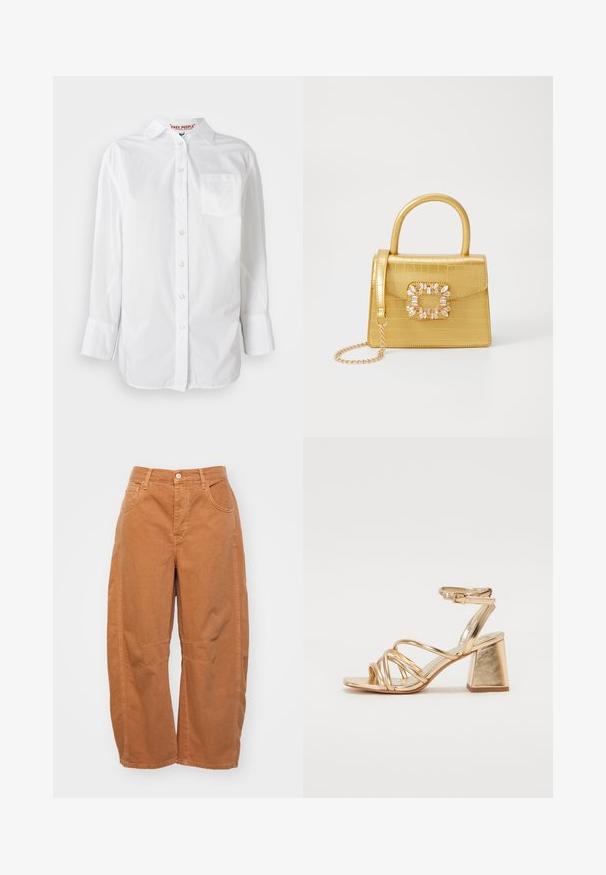 Λευκό μακρύ μανίκι πουκάμισο με κουμπιά, κολάρο και τσέπη στο στήθος, απεικονιζόμενο σε απλό φόντο.; Free People GOOD LUCK MID RISE BARREL - Τζιν χαλαρής εφαρμογής - ginger root; Χρυσά μεταλλικά πέδιλα με τακούνι, με σχεδίαση από λουριά, τετράγωνη πλατφόρμα και ρυθμιζόμενο λουρί αστραγάλου με πόρπη. Λείος υφής.; Κίτρινη τσάντα φουσκωτού κροκοδείλου με δομημένο σχέδιο, επάνω χερούλι, αποσπώμενο αλυσίδα και διακοσμητική κρυστάλλινη επένδυση στο κούμπωμα.