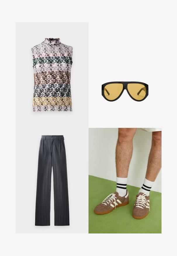 Ärmlös topp med en hög volangkrage, med horisontella ränder av flerfärgad blommig spets i rosa, grönt, brunt och gult.; Breda byxor i mörkgrått tyg med ett fiskbenmönster, elastisk midja och slät yta, designade för komfort och mångsidighet.; Bruna mockaskor med vita detaljer och snören. Gummisula i beige. Bärs med vita strumpor med svarta ränder. Grön strukturerad golvyta.; Sunglasses med en slank svart plastbåge och gula tonade linser, med en distinkt vinkelform och breda skalmar för ökat skydd.