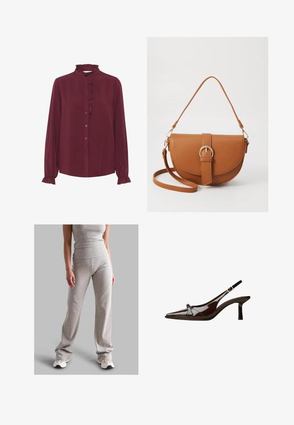 Burgundy långärmad blus med rynkad hög krage och knappstängning framtill. Har samlade manschetter och en mjuk tygstruktur.; Grå räfflad linne och matchande byxor i elastisk material. Byxorna har en utsvängd design och är i kombination med ljusa sneakers.; Brun lackläder slingback-sko med spetsig tå, låg klack och en dekorerande rosett på framsidan. Slät, glansig yta.; Brun läder crossbody-väska med en böjd form, gyllene detaljer och en spänneaccent. Har en avtagbar axelrem.