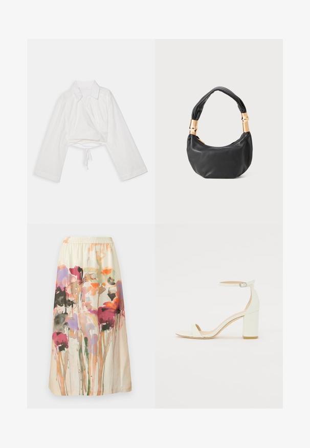 Valge lühikeste varrukatega särk, millel on pikad varrukad, krae ja kätkedes oleva disain. Omab paela allääres ja sujuvat, kerget kangast.; Lillelille mustriga seelik kreemival taustal; sisaldab värvilisi, abstraktseid lillemustreid roosa, lilla ja oranži värviga; elastne vöökoht.; Valge nahast takjakandiga sandaal, millel on kinnitusrihm ja minimalistlik disain. Avatud varvastes ja sileda pinnaga.; Must mustrepp nahkakott ümmarguse kujuga, pehme tekstuuriga ja sõlmiga käepidemega, millel on kuldse tooni aksessuaarid. Lukuga sulgemine.