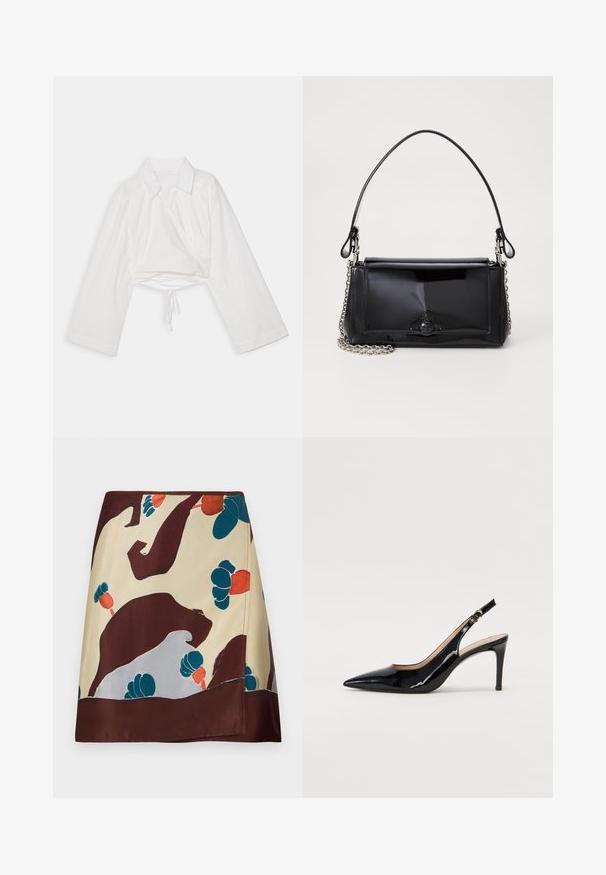 Balta trumpa palaidinė su ilgomis rankovėmis, apykakle ir apsivyniojimo dizainu. Savybės - raištis apačioje ir lankstus, lengvas audinio tekstūra.; Šilko sijonas su kreminiu pagrindu, papuoštu abstrakčiomis burgundiškomis, mėlynomis ir raudonomis gėlėmis; apatinis kraštas turi tamsiai burgundišką apdailą.; Juodas lakinės odos slingback batelis su smailiu nosiu, plonu kulnu ir subtiliu išpjovos dizainu. Yra auksinė sagtis ant dirželio.; Juodas lakinės odos rankinės ilgis stačiakampis, su grandinėlės dirželiu ir išskirtiniu metaliniu akcentu centre. Lygus paviršius.