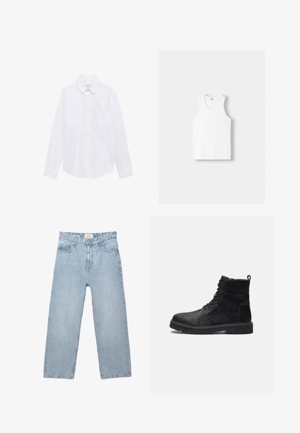 Cămașă albă cu mâneci lungi din țesătură de bumbac. Are guler ascuțit, închidere cu butoane și manșete simple. Design minimalist, fără modele.; Top din bumbac alb, cu decolteu rotund, bretele late și margine dreaptă, având o textură fină și fără modele vizibile.; Blugi din denim albastru deschis, cu un design lejer, pe picior drept, având cinci buzunare, închidere cu nasture și ușoare decolorări pe tot parcursul.; Cizme negre până la gleznă, cu un material texturat, având șireturi în față, talpă robustă din cauciuc și o buclă la spate pentru a fi ușor de purtat.